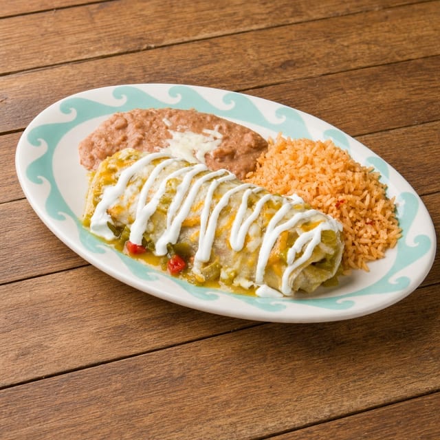 #8-Beef Enchilada, Tamale, Rice & Beans.