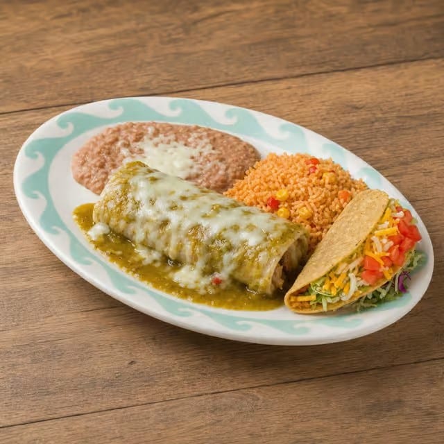 #6-Beef Enchilada, Taco, Rice & Beans.