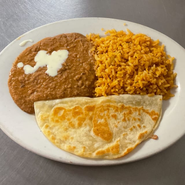 Kids Cheese Quesadilla, Rice, & Beans.