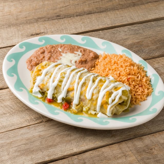 #5-Beef Enchilada, Cheese Enchilada, Rice & Beans.