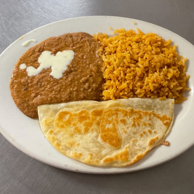 Kids Cheese Quesadilla, Rice, & Beans.