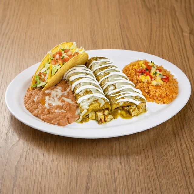 Taco, Two Enchiladas, Rice or Beans.