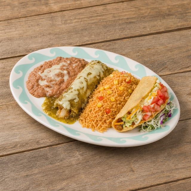 #6 - Beef Enchilada, Taco, Rice & Beans.