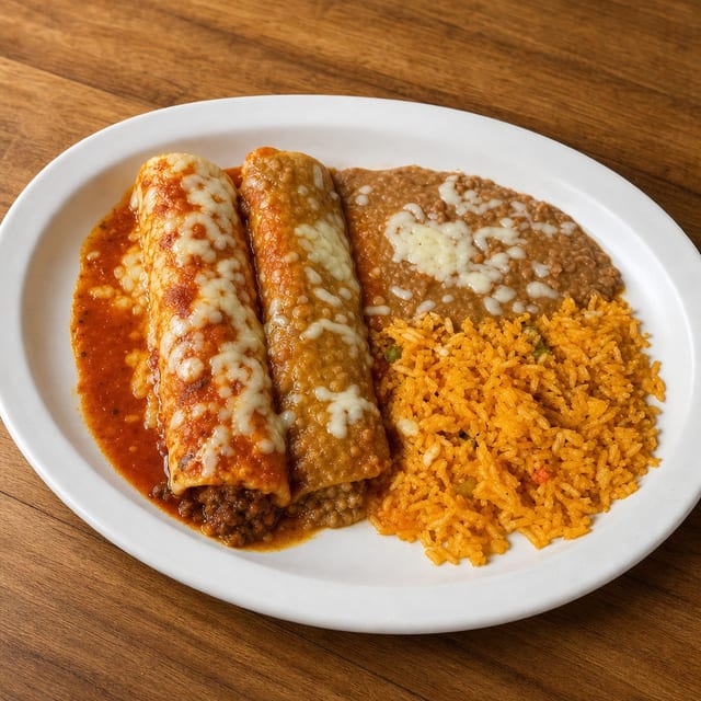 Beef & Cheese Enchilada with Rice & Beans.