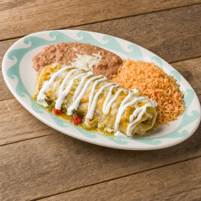 #7 - Beef Enchilada, Chile Relleno, Rice & Beans.