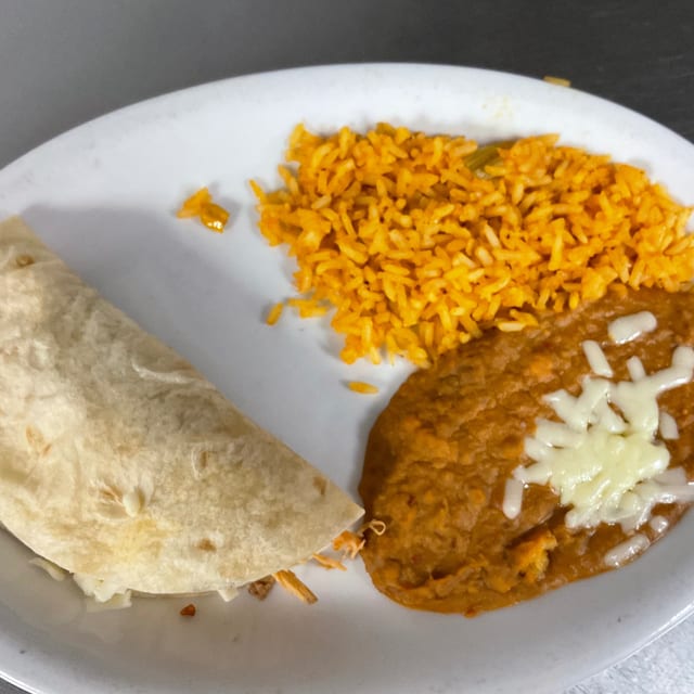 Kids Enchilada, Rice & Beans.