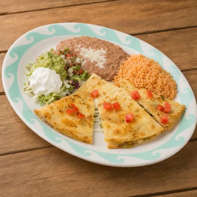 #2-Beef Quesadilla, Taco, Rice & Beans.