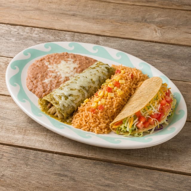 #6-Beef Enchilada, Taco, Rice & Beans.