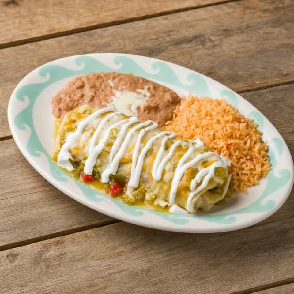 Beef Enchilada, Cheese Enchilada, Rice & Beans.