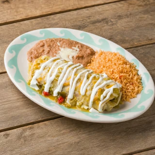 Beef Enchilada, Cheese Enchilada, Rice & Beans.