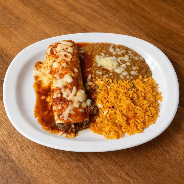 Enchilada, Tamale, Rice & Beans.