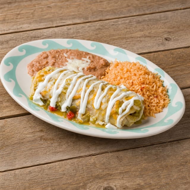 #8 - Beef Enchilada, Tamale, Rice & Beans.