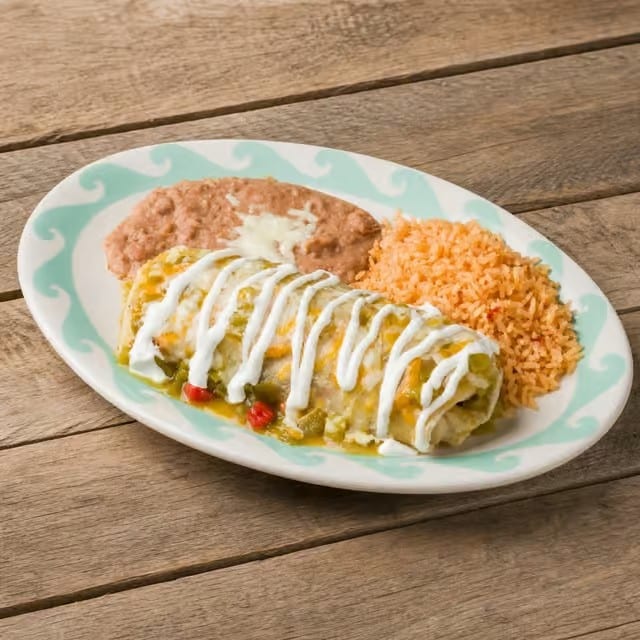 #7-Beef Enchilada, Chile Relleno, Rice & Beans.