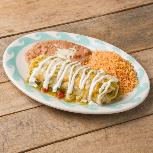 #7-Beef Enchilada, Chile Relleno, Rice & Beans.