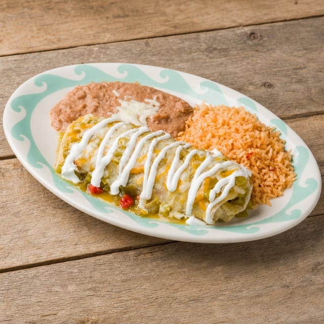 #8-Beef Enchilada, Tamale, Rice & Beans.